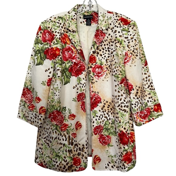 Sandra King 16 Silk Linen Blend Animal Print Floral Open Front Blazer Jacket R9 - Picture 1 of 7